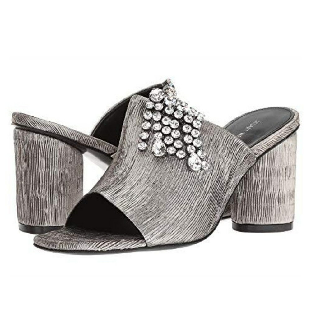 NWT Stuart Weitzman Theone Argento Silver Pleated Lurex Block Heel Slides, 6